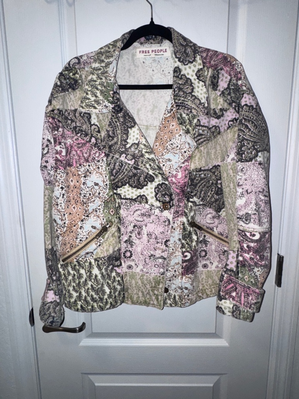 Free People Patchwork Paisley Jean Jacket in Pink, Sage & Tan